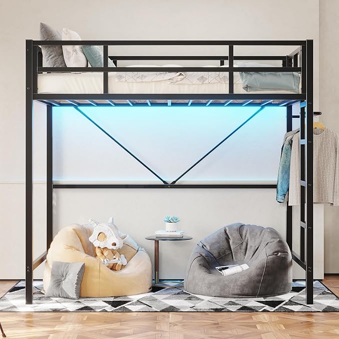 DICTAC Loft Bed Twin Size with Ladder and Guardrail,Metal Twin Loft Bed with Led Lights,Small Space Saving Furniture Design for Bedroom,Kid Room and Dorm,No Box Spring Needed, Black
