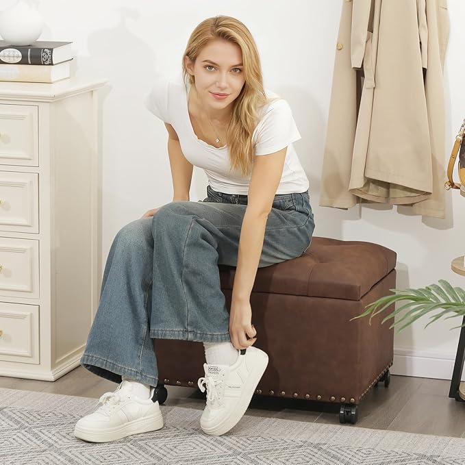 Joveco Leather Storage Ottoman with 360° Caster Wheels 24" Foot Rest Bench Rectangle Ottomans