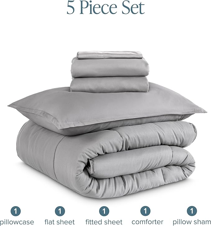 Bare Home Bed-in-A-Bag Comforter & Sheet Set - Twin XL - Goose Down Alternative - Ultra-Soft 1800 Premium Bed Set (Twin XL, Light Grey/Light Grey)