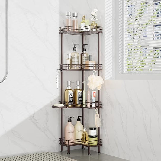 Consumest Corner Shower Caddy Standing - 4-Tier Stainless Steel Shower Organizer with Soap Holder and 4 Hooks, Large Capacity Corner Shelf Stand for Bathroom, Rest Room, Bronze