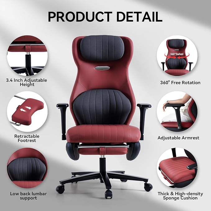 EMIAH Ergonomic Office Chair with Foot Rest Reclining Office Chair with Adjustable Arms and Headrest High Back Gaming Chair with Lumbar Support, PU Leather(Red),Manual