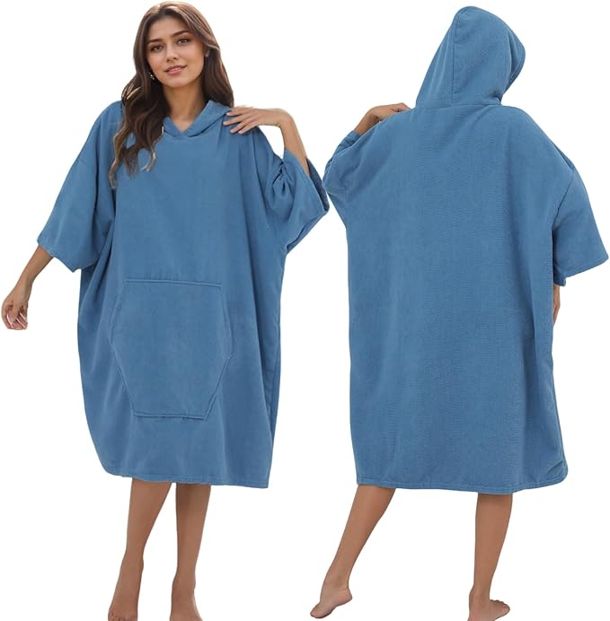 Surf Poncho Hooded Beach Towel, Quick Dry Terry Cloth, Extra Large Changing Robe with Pockets for Adults, Unisex Peacock Blue Cover-Up for Swim, Bath, Beach, Gift for Swimmer Lovers
