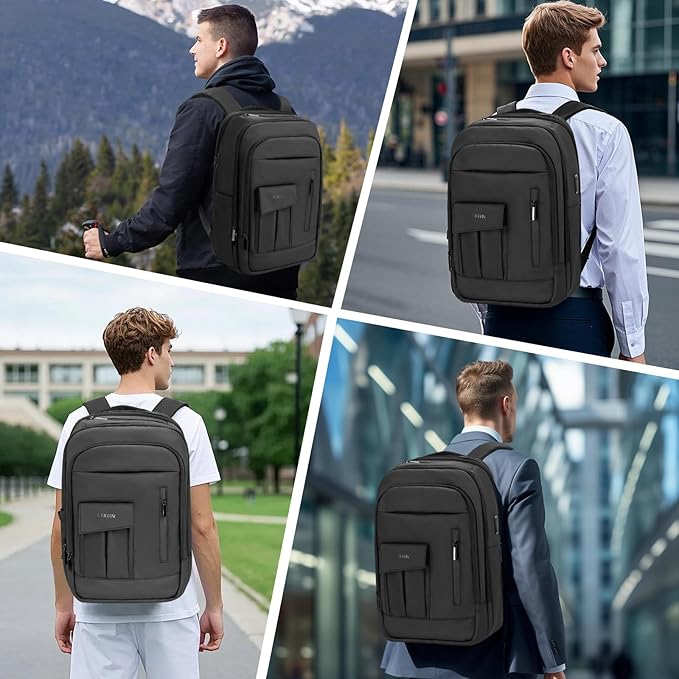 Backpack for Men Business Travel Laptop Backpack with USB Charger Lightweight Anti-Theft Water-Resistant Fits 15.6 Inch Laptop for Commute Travel Daily Work College with Small Bag-Black
