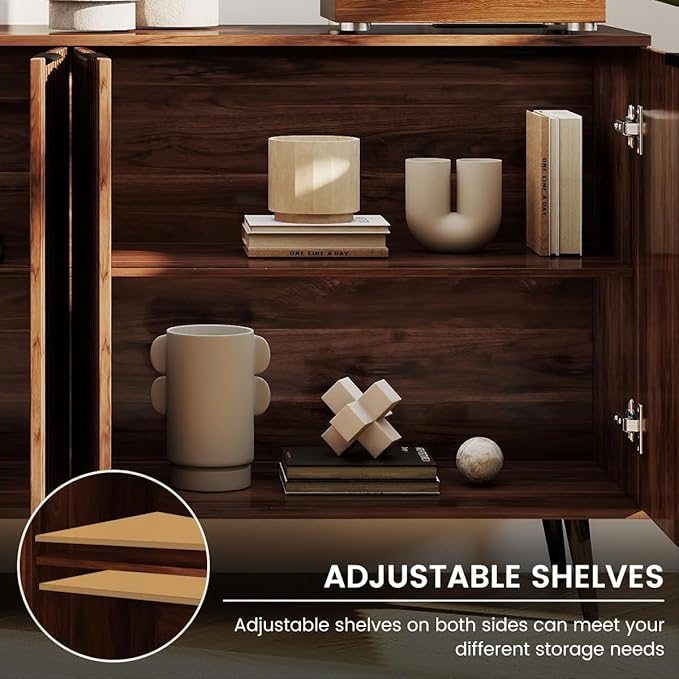 COCO DESIGN 61" Buffet Sideboard with Fluted Panel Doors, Power Outlet & Adjustable Shelves, Storage Cabinet with Adjustable Metal Legs, Modern Farmhouse Console for Dining Room Kitchen, Walnut