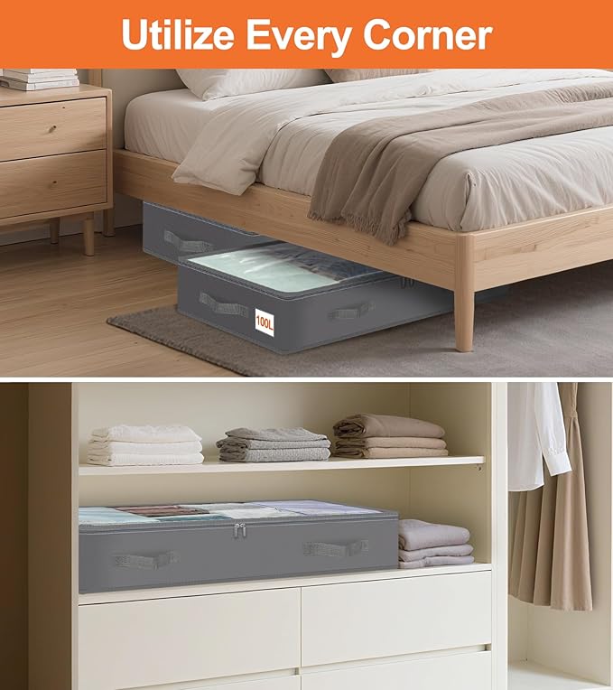 punemi Under Bed Storage Containers, 4 Pack Large Soft Foldable Storage Bags with Clear Top for Blankets, Comforters, Sheets, Wrapping Paper, Water-Resistant Inner Layer, 20x40x7.5 in, Gray