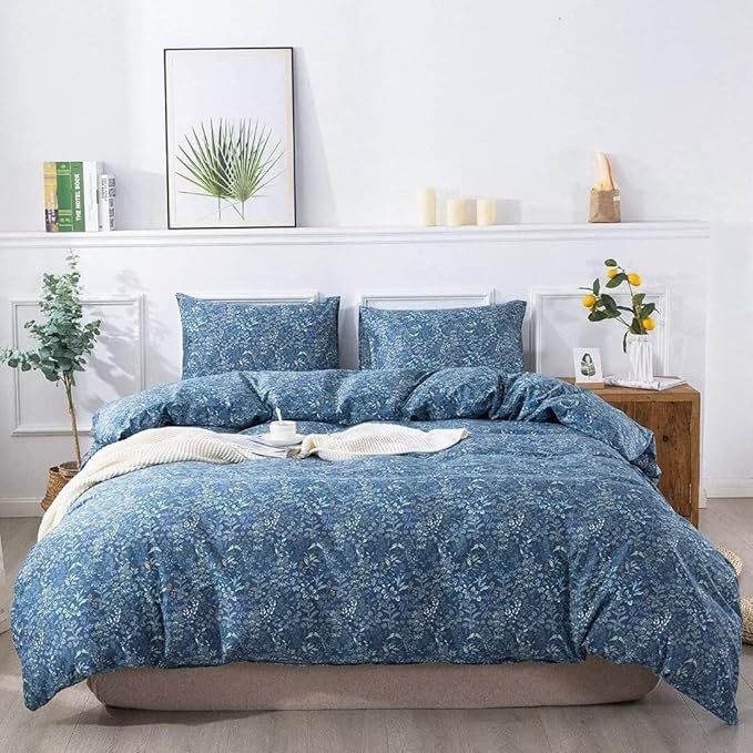MKXI King Comforter Set Lightweight Bedding Set Blue Flowers and Leaves Botanical Theme Casual Floral Patterned Comforter 3 Piece