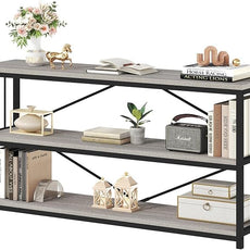 HSH Long Bookshelf, Large Wood Wide Grey Horizontal Book Shelf Under Window, Modern Open Etagere Bookcase for Bedroom Living Room, Industrial Wooden Metal Display Bookshelves for Home Office, 63 Inch