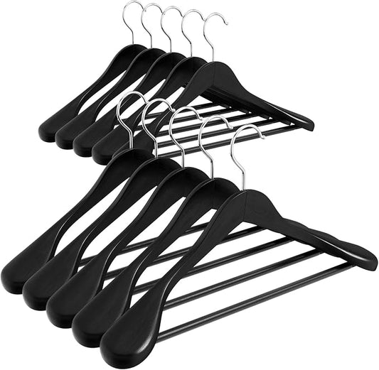 Solid Wood Suit Hangers, 10 Pack, Coat Hangers with Non Slip Trouser Bar, 360° Swivel Hook, Heavy Duty Wide for Suit, Coat, Jacket, Trousers, Pants,17.3" W x 9" H, Black AWY0410B