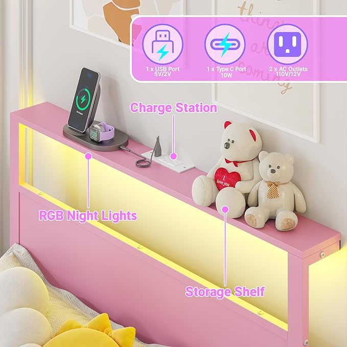 Weehom Twin Bed Frames with Headboard Shelf Storage, Wood Twin Bed Frame with Charging Station and LED Lights, No Box Spring Needed Twin Size Metal Bed Frame for Kids Students, Pink