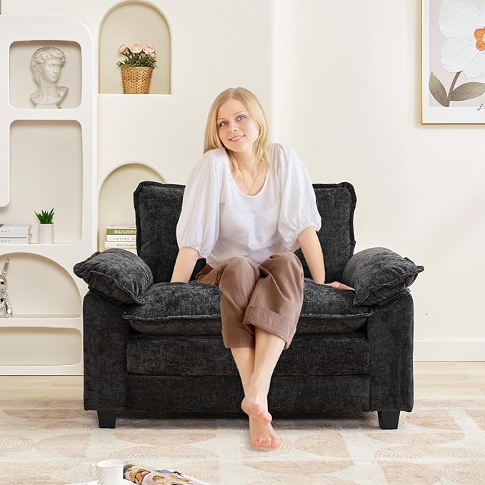 Modular Sectional Sofa, Comfy Cloud Couch Sectional Sofa, Chenille Sofa Sleeper Deep Seat Sofa with Throw Pillows for Living Room (Black, 53"- Single Seat)