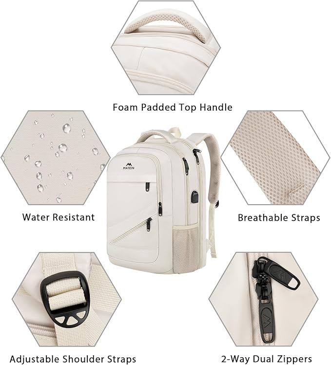 MATEIN Extra Large Backpack for Women, 18 Inch TSA College Backpack with Multiple Compartments & USB Charging Port, 50 L Fashion Work Computer Carryon for Business, Cream Beige