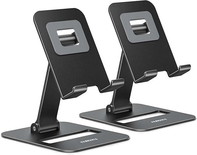 Nulaxy 2 Pack Dual Folding Cell Phone Stand, Fully Adjustable Phone Holder for Desk, Compatible with Phone 16 15 14 13 12 11, Nintendo Switch, All Phones, Black