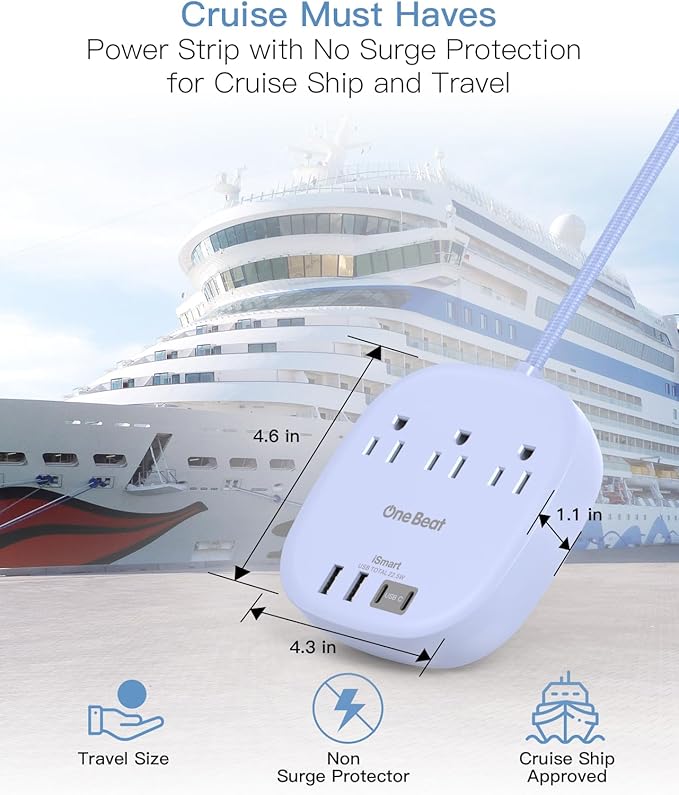 10Ft Flat Plug Power Strip, Purple Flat Extension Cord - 3 Outlets 4 USB Ports (2 USB C) Desktop Charging Station, Cruise Ship Power Strip with No Surge Protection for Travel, Dorm Room Essentials