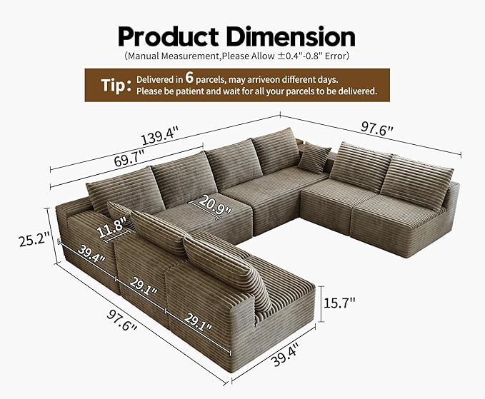 139.4" Modular Sectional Sofa Couch, Oversized U-Shaped Minimalist Couches with 4 Middle Seats Chaise, Modern Deep Seat Cloud Plush Corduroy Sofas Set for Living Room, 8 Seater, Camel