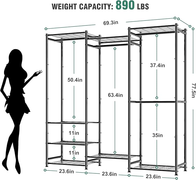 Wardrobe Closet Heavy Duty Clothes Rack, Portable Closet Organizer System with 4 Hang Rods & 8 Shelves, Metal Clothing Rack Garment Rack for Hanging Clothes, Max Load 890 LBS