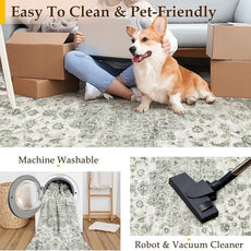 12x15 Neutral Area Rug Green Vintage Living Room Bedroom Washable Carpet Non-Slip Soft Low Pile Floral Indoor Large Throw Rug for Dining Room Office