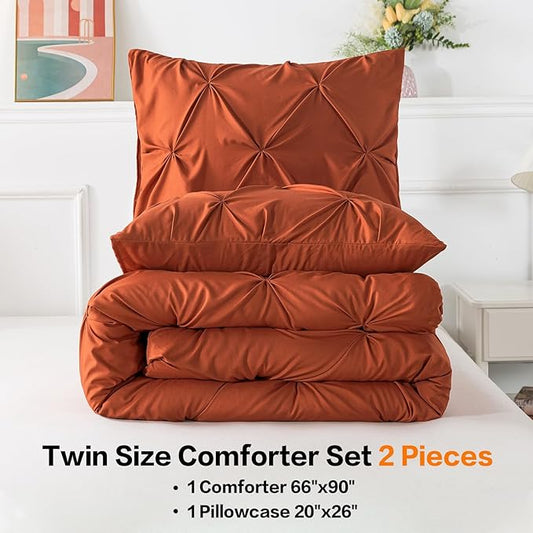 Andency Burnt Orange Pinch Pleat Comforter Twin(66x90Inch), 2 Pieces(1 Pintuck Comforter, 1 Pillowcase) Microfiber Pintuck Comforter Set Down Alternative Comforter Bedding Set