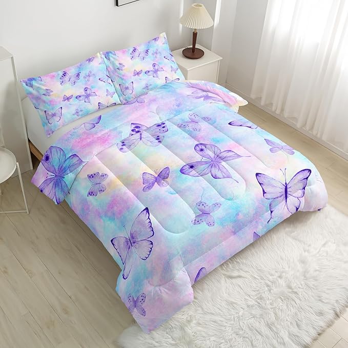 CVHOUSE Butterfly Reversible Comforter Set,Rainbow Butterfly Bedding Set for Girls Kids Teens,Tie Dye Butterflies Comforter Butterflies Duvet Set Room Decor Quilt Set Queen Size