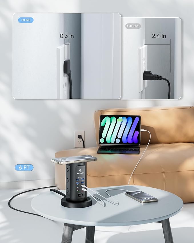 115W USB Charging Station, Surge Protector Power Strip Tower, 9 AC Outlets with 8 USB Ports(4 USB-C), 6Ft Flat Plug Retractable Extension Cord, for Home Office Dorm, Black