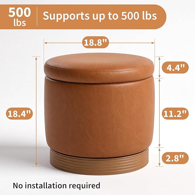 Round Storage Ottoman,Swivel Vanity Stool-Smooth Faux Leather Foot Rest,Footstool Pouf with Sturdy Acacia Wood Frame(500lbs),Small Coffee Table & Hidden Storage Ottoman for Living Room
