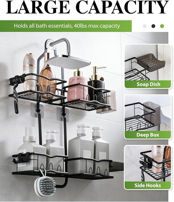 Shower Caddy Hanging, Rustproof Shower Organizer Over Showerhead with Hooks for Razor & Sponge, Bathroom Storage Rack with Soap Holder for Shampoo