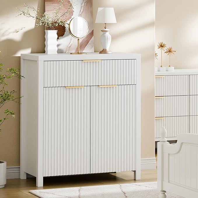 Lulive White Fluted Storage Cabinet with Drawers Buffet Sideboard Cabinet with Adjustable Shelves for Kitchen Living Room, Kitchen, Entryway