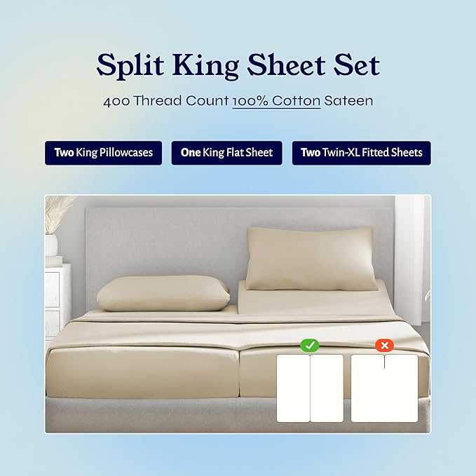 California Design Den Split King Sheets Sets for Adjustable Bed - Soft 400 Thread Count Sateen Natural 100% Cotton Sheets, Deep Pockets, Breathable, & Durable Bedding Set - Beige (Golden Tone)