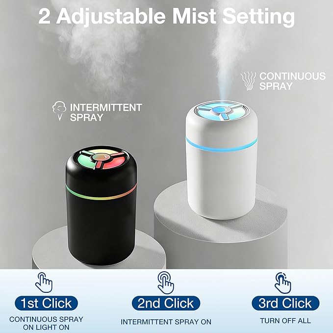 Portable Mini Humidifier, 300ml USB Cool Mist Small Humidifier with Colorful Lights. Perfect for Bedroom, Office, Plants, travel & Car (Black)