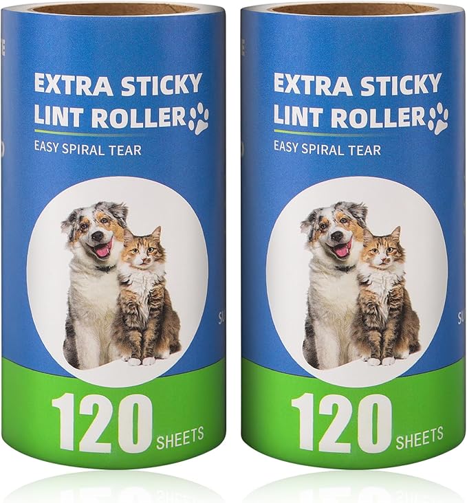 Extra Sticky Lint Roller Refills 2 Pack (240 Sheets) fit 3.8"-4" Standard Size Lint Roller Sticker with Inner Diameter at 1.5" for Pet Hair, Clothes, Furniture, Cars, No Handle Included