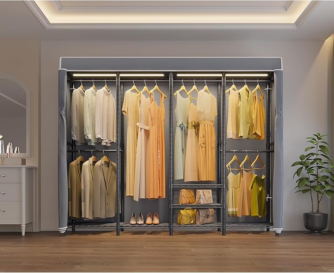 VIPEK V40LC Covered Clothes Rack with Dimmable LED Lights, Heavy Duty Garment Rack with Cover Portable Closet Wardrobe Clothing Racks for Hanging Clothes, Black Closet Racks with Grey Oxford Cover
