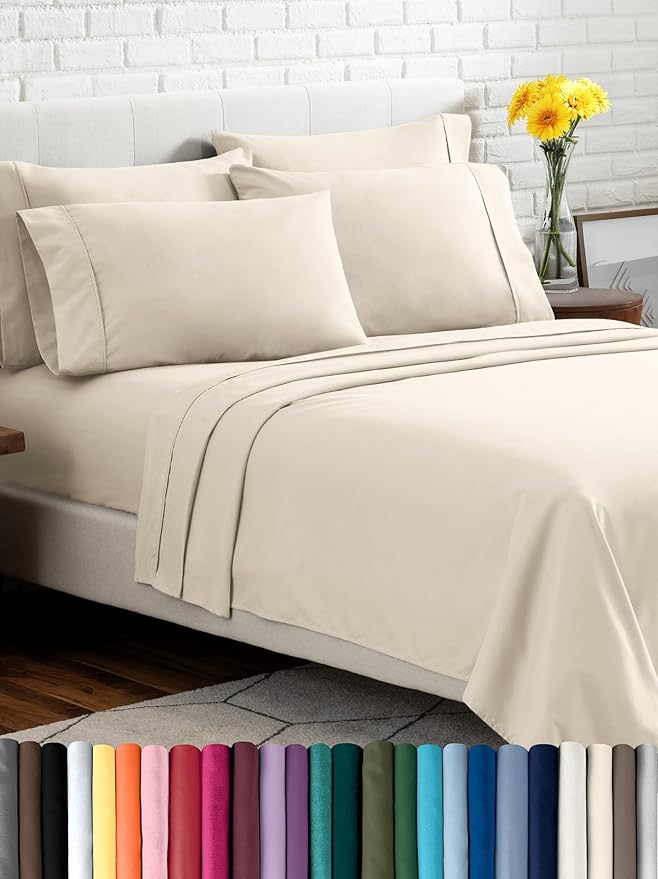 Bare Home Hotel Luxury Split King Sheet Set, Extra Soft - 7 Piece Set - Deep Pockets - Easy Fit - Cooling & Breathable - Wrinkle, Fade, Stain Resistant - Includes 4 Pillowcases (Split King, Sand)