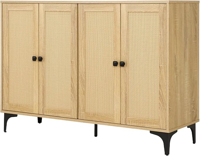 Rattan 2-Door Storage Cabinet Buffet - Boho Small Sideboard with Adjustable Shelves for Pantry Kitchen Entryway, Natural Weave 23.6" W x 15" D x 33.3" H