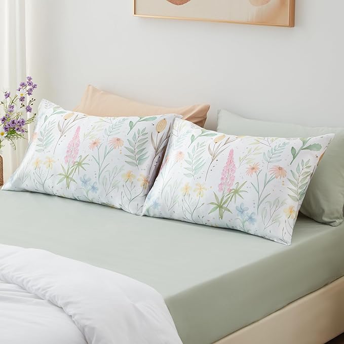 EXQ Home Satin Pillowcase for Hair and Skin- Multicolor Printed Flower Silk Pillowcase 2 Pack 20x26 inches - Standard Size Pillow Cases with Envelope Closure, Gifts for Women