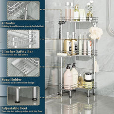 Consumest Corner Shower Caddy Standing - 3-Tier Stainless Steel Shower Organizer with Soap Holder and 4 Hooks, Large Capacity Corner Shelf Stand for Bathroom, Rest Room, Silver