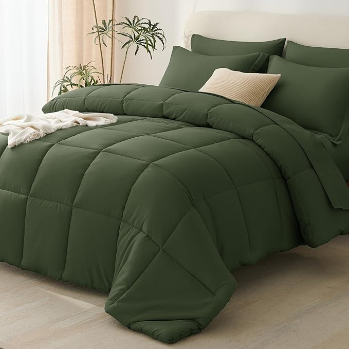 CozyLux Queen Comforter Set Olive Green - 7 Pieces Bed in a Bag Queen, All Season Breathable Bedding Sets,Oeko-Tex Certified Bed Set with Down Alternative Comforter, Sheets, Pillowcases & Pillow shams