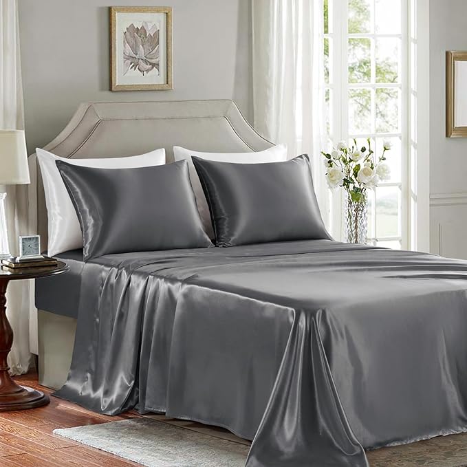 Satin Sheets California King Size - 4 Pieces Luxury Silky Soft Bed Sheets, Wrinkle-Free Dark Grey Satin Silk Sheet Set with 1 Deep Pocket Fitted Sheet, 1 Flat Sheet, 2 Pillow Cases