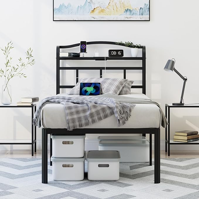 Twin Bed Frame - Heavy Duty Metal Bedframe with Storage Headboard Charging Station, Easy Assembly, No Box Spring Needed, 18 Inch, Black