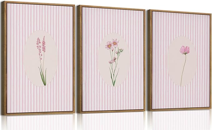 KISSFOX 3 Piece Framed Wall Art Botanical Wall Decor Pink Floral Pictures Wildflower Canvas Art Striped Minimalist Paintings Boho Artwork For Girly Room Bedroom Apartment Dorm Living Room