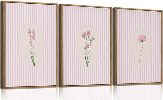 KISSFOX 3 Piece Floral Framed Wall Art Pink Wildflower Canvas Wall Art Flower Pictures Wall Decor Boho Botanical Paintings Poster Wall Decor For Girly Room Bedroom Apartment Dorm Living Room