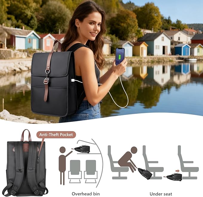Laptop Backpack for Women & Men, Slim Business Work Backpack with USB Charging Port,Travel Computer Backpack Bag, 15.6 Inch Lightweight Water Resistant Casual Daypack for Office/College/Commuter-Black