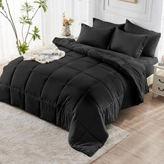 JOLLYVOGUE Queen Comforter Set, Ultra-Soft Bed in a Bag Queen Size 7 Pieces, Oeko-TEX Certified Bedding Set with Down Alternative Comforter, Sheets, Pillowcases & Shams, Black