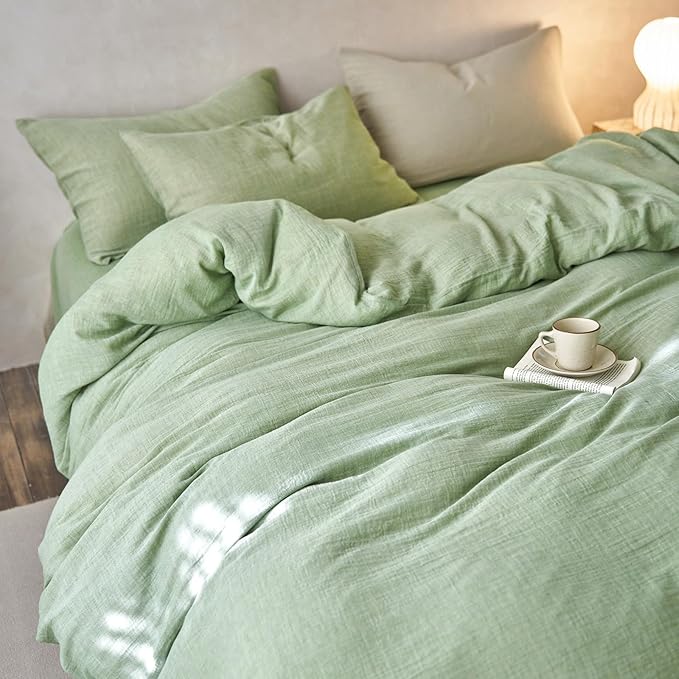 Green Duvet Cover Queen Size-Ultra-Soft, Breathable & Lightweight Muslin Cotton Linen Like Gauze Textured Comforter Cover with Zipper Closure Minimalist Duvet Cover Set- 90"x90",Mint Green