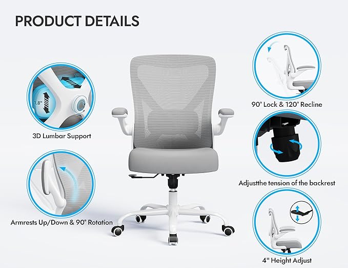 Ergonomic Office Chair - X-Shaped Computer Desk Chairs Comfy, Mesh High-Back Gaming Chair with Adjustable Lumbar Support, Executive Task Chair for Adults, Comfortable for Long Hours (White Grey)