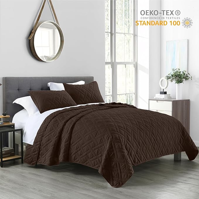 HORIMOTE HOME Quilt Set Twin Size Chocolate, Classic Geometric Diamond Stitched Pattern, Ultra Soft Microfiber Lightweight Bedding Set Bedspread Coverlet for All Season with 1 Quilt 1 Pillow Sham