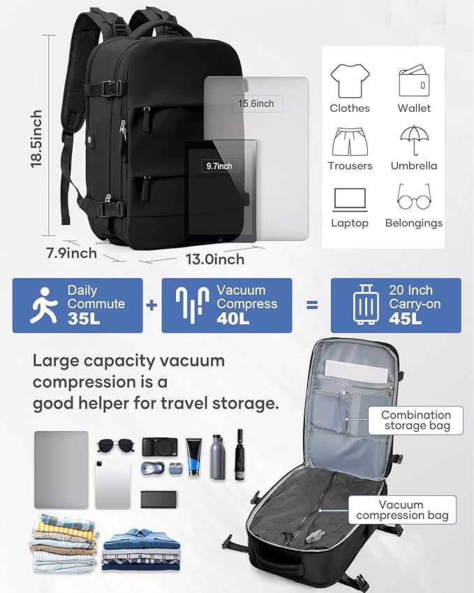 Vacuum Backpack Travel with Pump, Travel Backpack with Vacuum System, Carry on Luggage 18x14x8 Airline Approved Travel Bag, mochila de viaje compresion al vacio, Waterproof Laptop Backpacks,Black