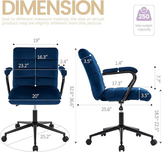 Velvet Home Office Desk Chair, Upholstered Adjustable Swivel Task Chair with Wheels, Tufted Mid-Back Computer Chair with Arms, for Study Living Room Vanity (Blue, Black Base)