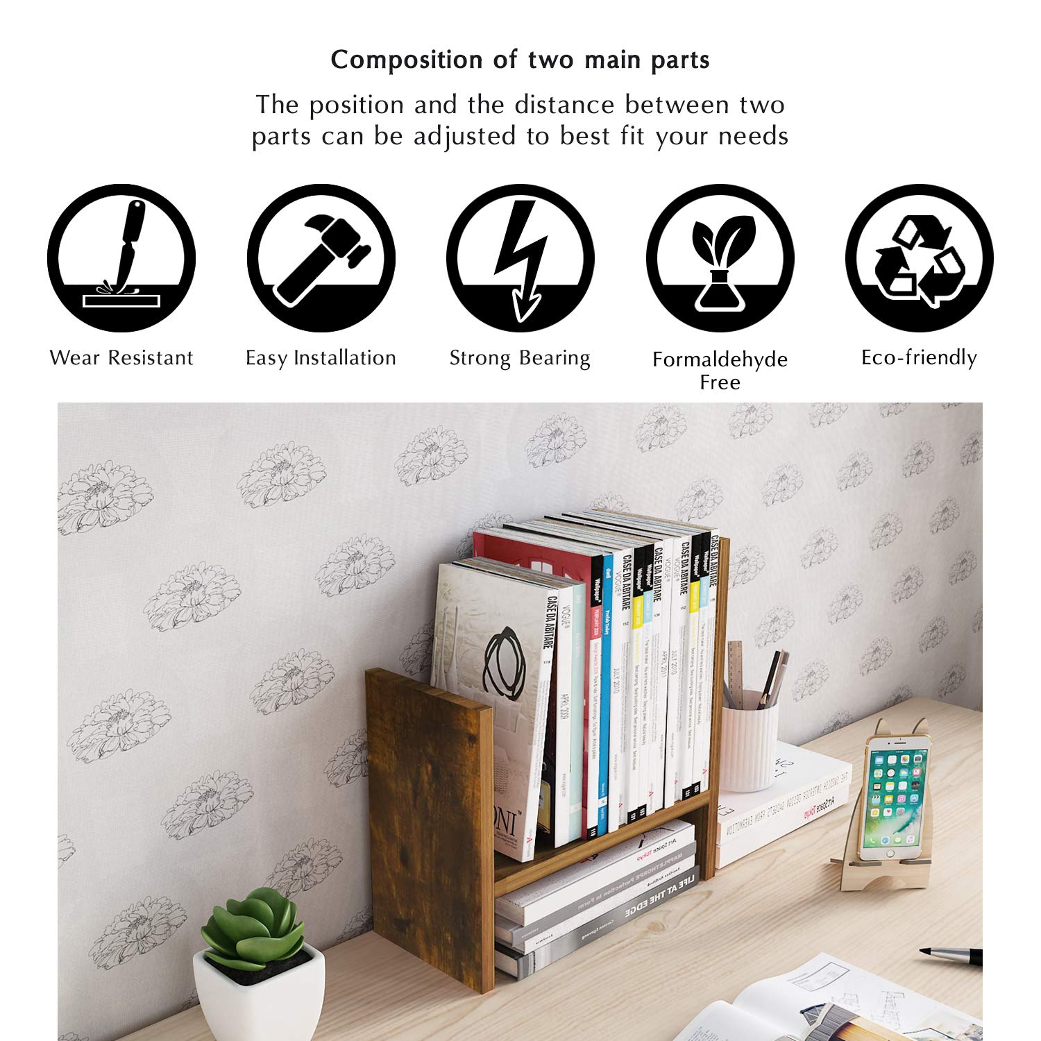 Jerry & Maggie Desktop Organizer Office Storage Rack Adjustable Wood Display Shelf Free Style Double H, Multi-Functional Mini Bookshelf for Desk Natural Stand (Violet) Dormly
