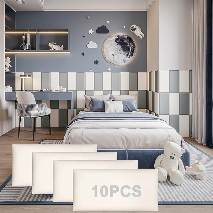 YLL Peel and Stick Upholstered Headboard - White 3D Anti-Collision Wall Padding Pack of 10 Panels - Soundproof Wall-Mounted Headboard