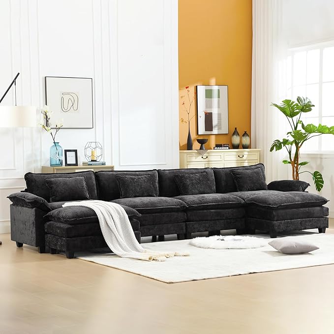 154" Modular Sectional Sofa, Comfy Cloud Couch Sectional Sofa with Ottoman, Chenille Sofa Sleeper Deep Seat Sofa with Throw Pillows for Living Room (Black, 154"- U Shape)