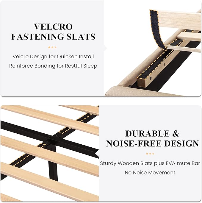 SHA CERLIN Queen Platform Bed Frame with Upholstered Fabric Headboard, Mattress Foundation with Strong Wooden Slats Support, No Box Spring Needed, Beige